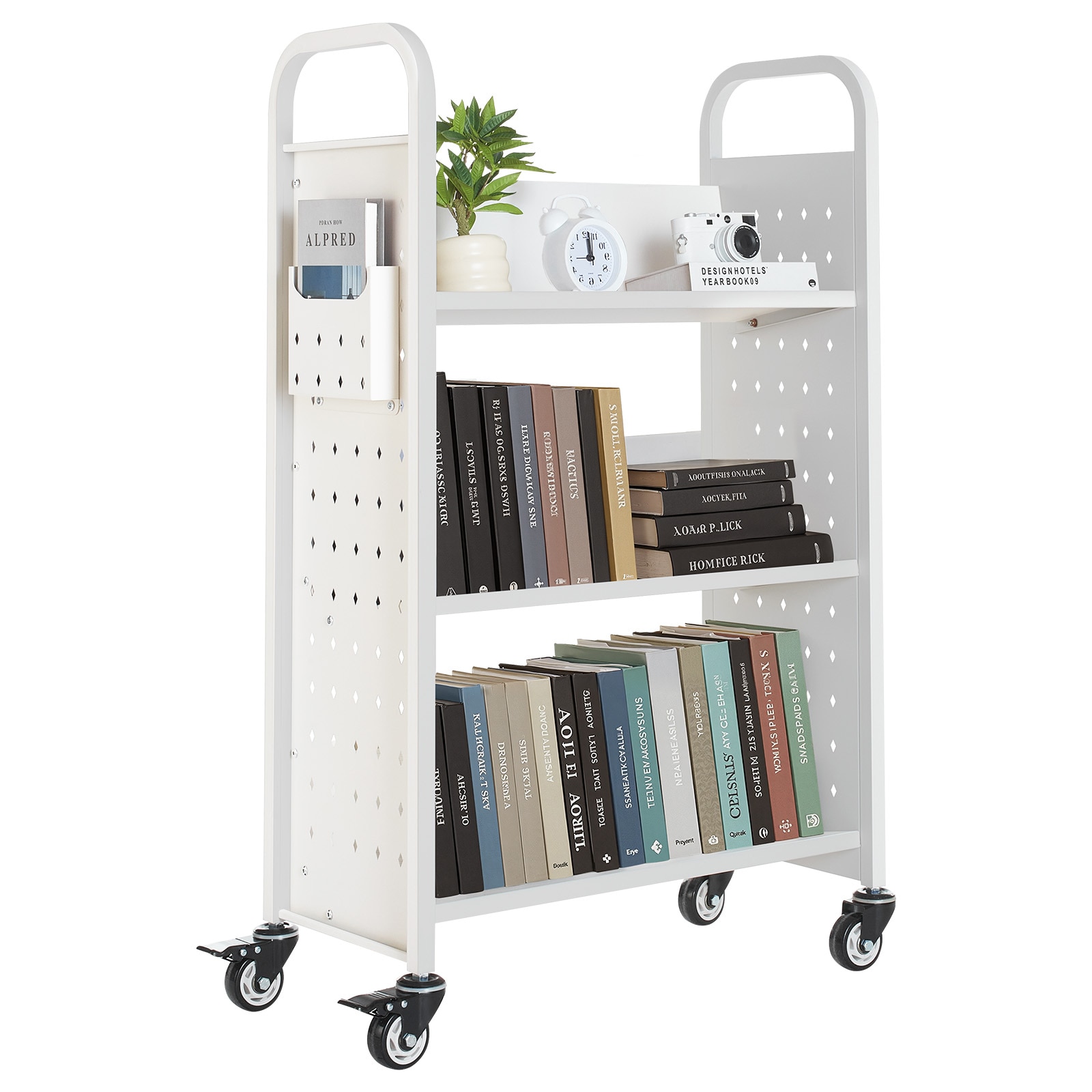 3-tier Rolling Book Cart With V-shaped Shelves In White_voghion.com